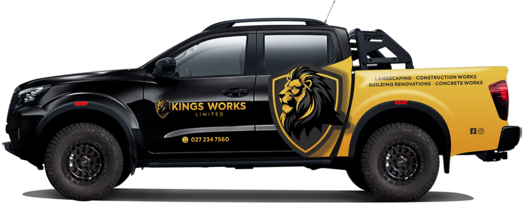 Kings Works Limited branded work vehicle showing landscaping, construction, building renovations and concrete services