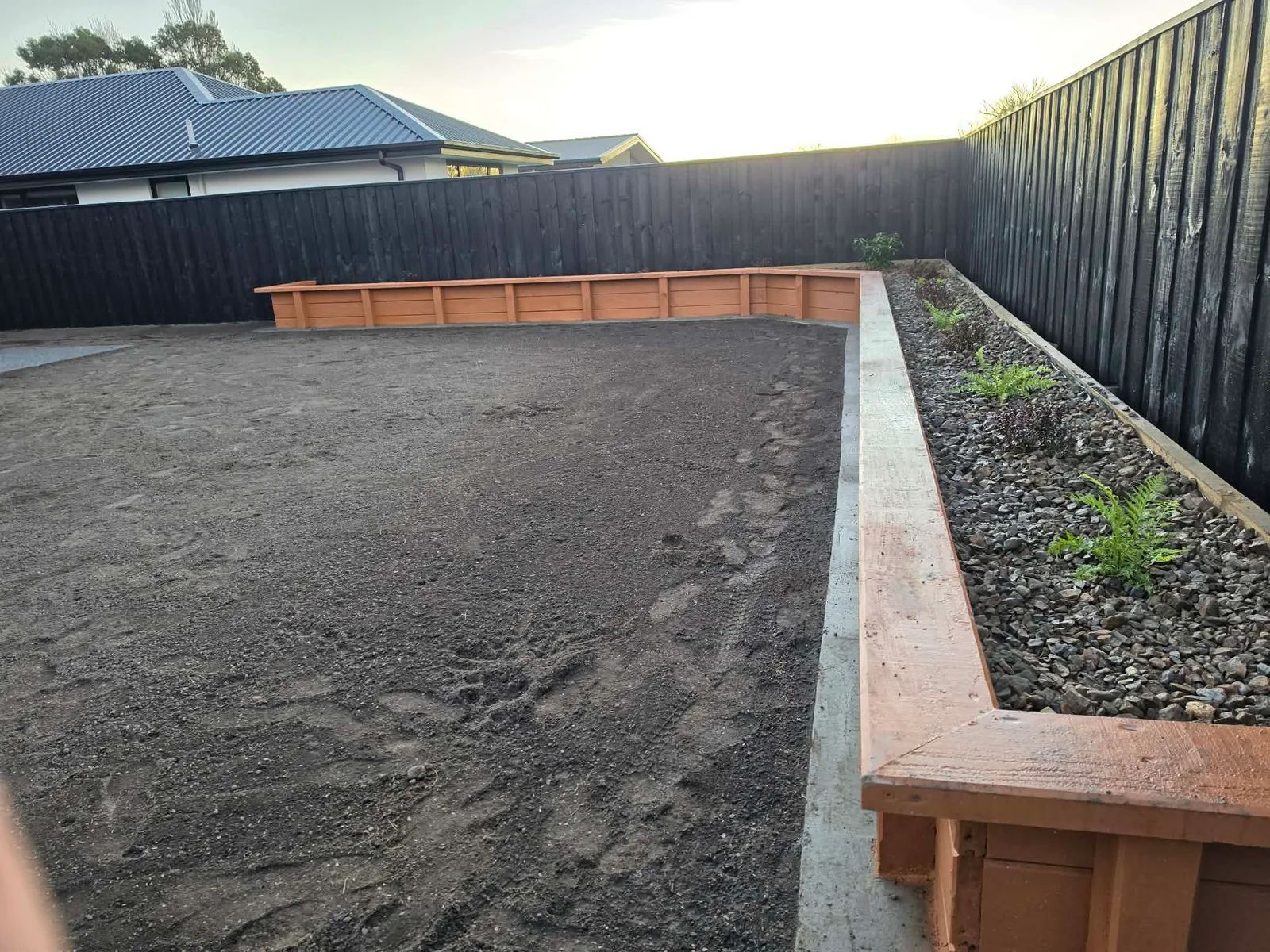 Raised timber planter beds with gravel mulch and ferns at 25 Derbridge Street landscaping project